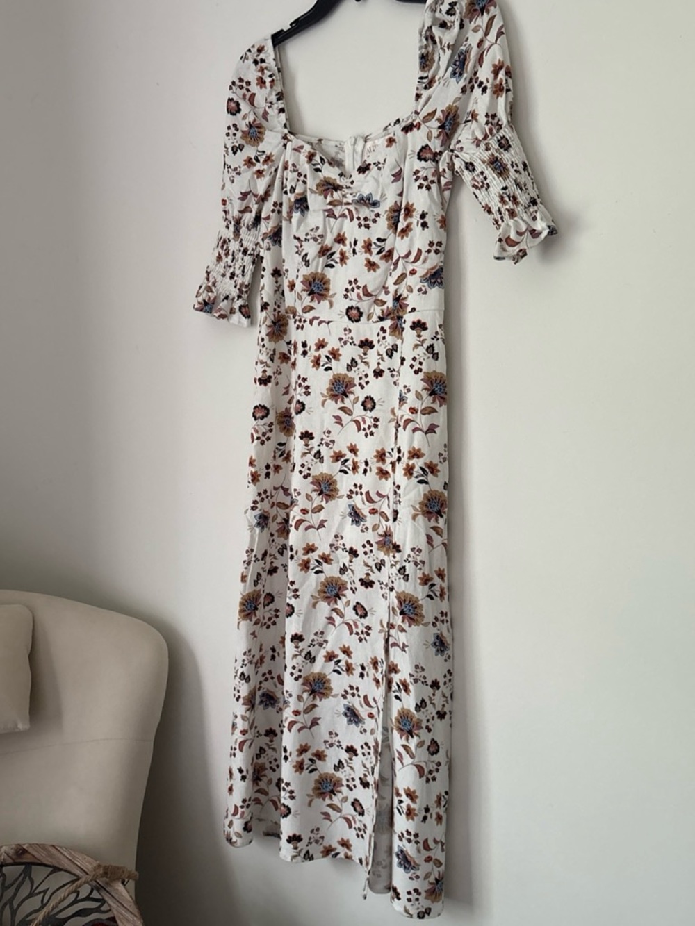 Francesca's Collections White Maxi Dress with Brown & Blue Floral Print